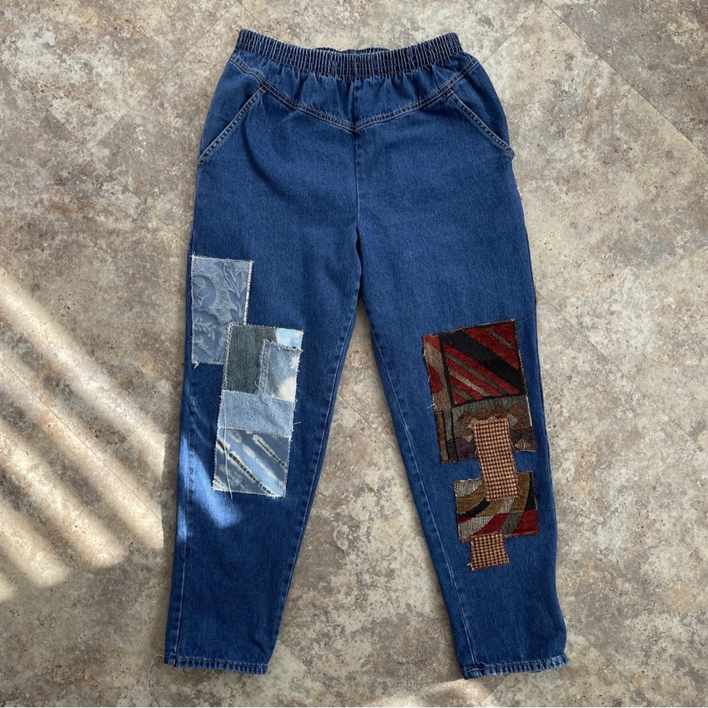 Upcycled patchwork vintage elastic waistband mom jeans - tapered leg - 26